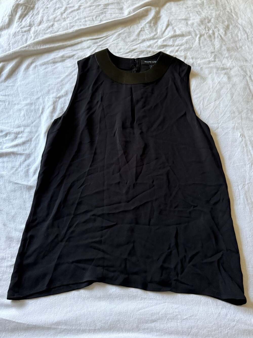 Ralph Lauren Silk Shell Top Size 8 Leather Trim Black Blouse